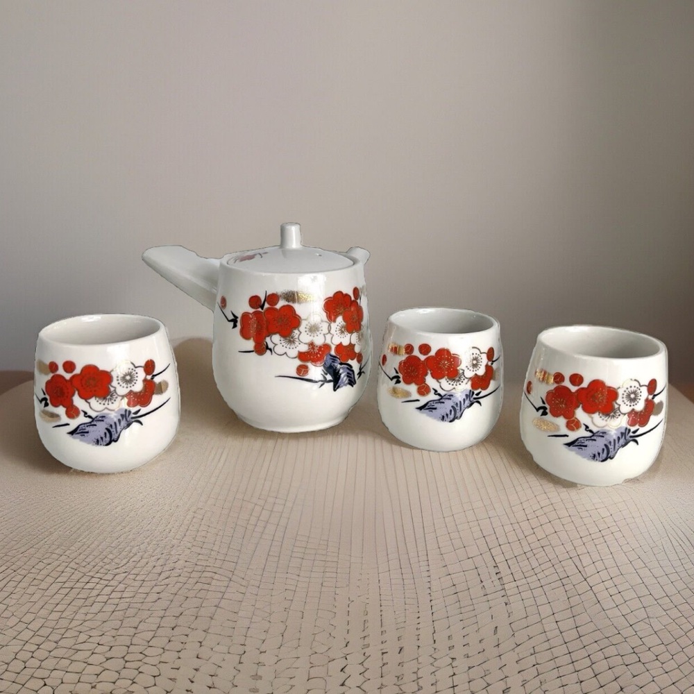 Japanese Style 4 Piece Kyusu Tea Pot Set‎ Teacup & 3 Cups Floral Ceramic